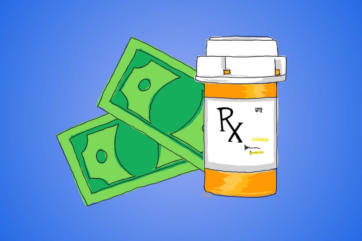 An orange bottle of prescription drugs and two dollar bills on a blue background.