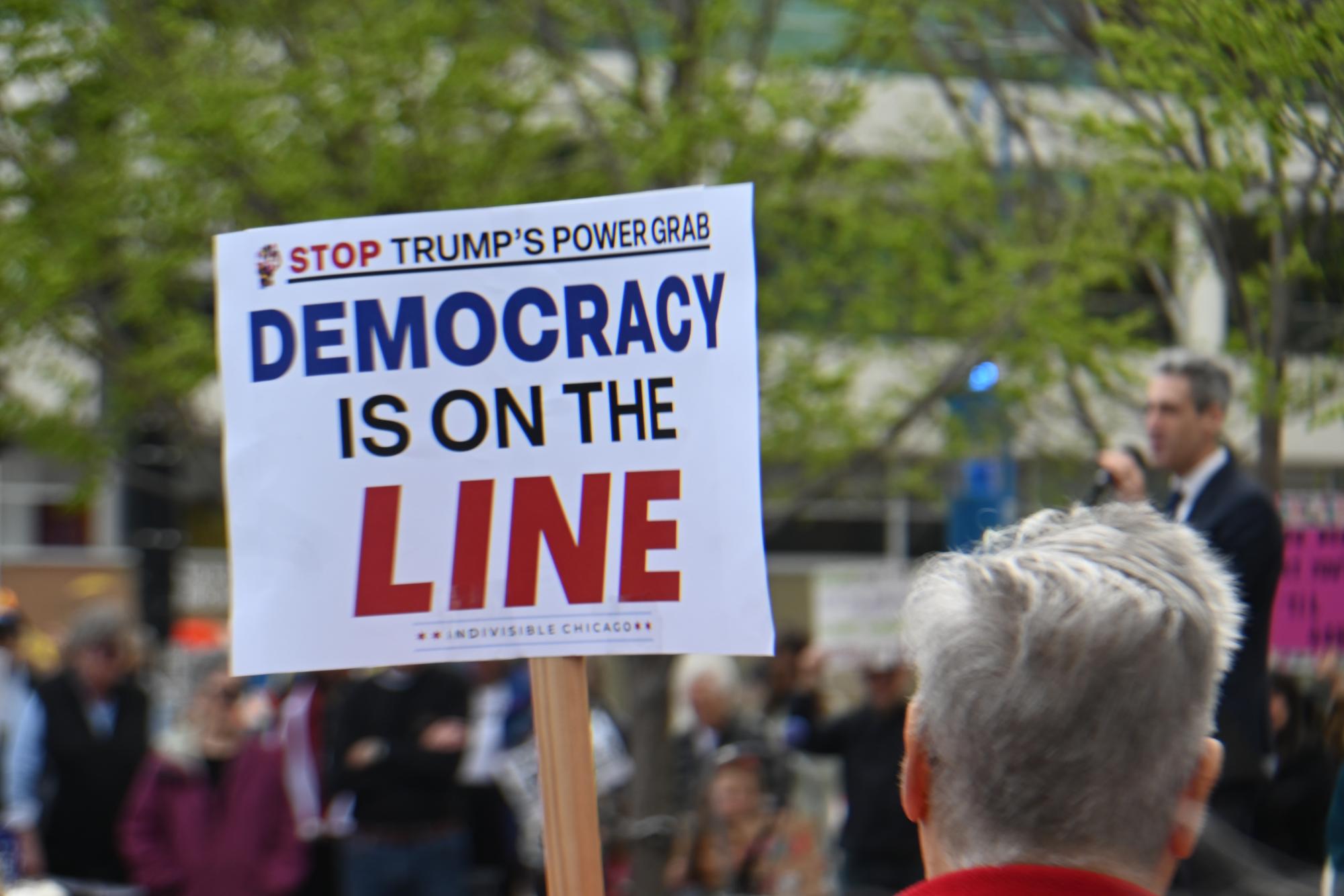Back of a person’s head holding a sign that says “DEMOCRACY IS ON THE LINE.”
