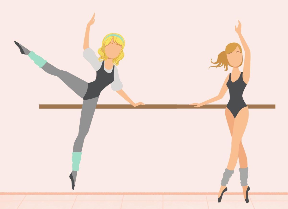 Two dancers stand in front of a light pink background.