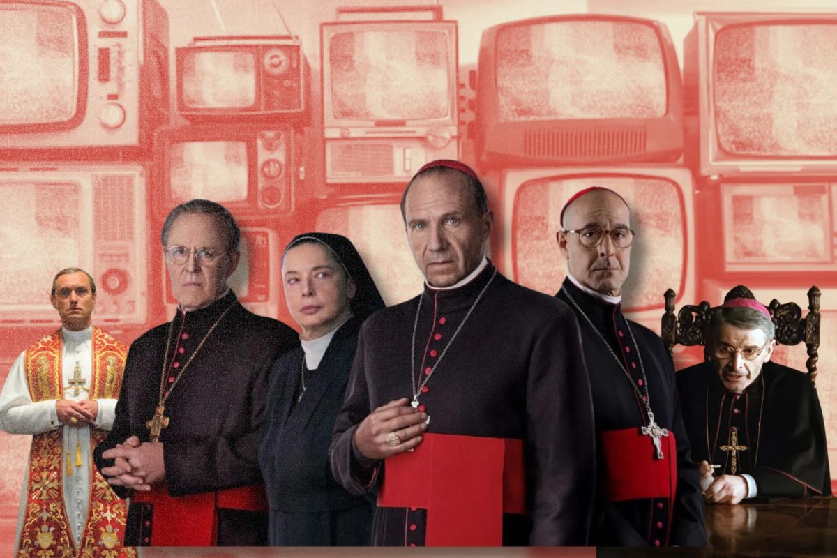 Six popes stand in front of a red television background.