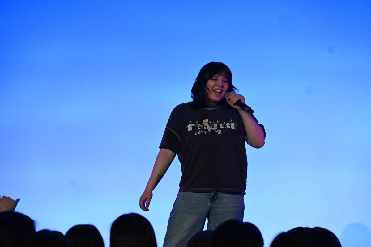 A singer sings onstage as the crowd cheers in front of them.
