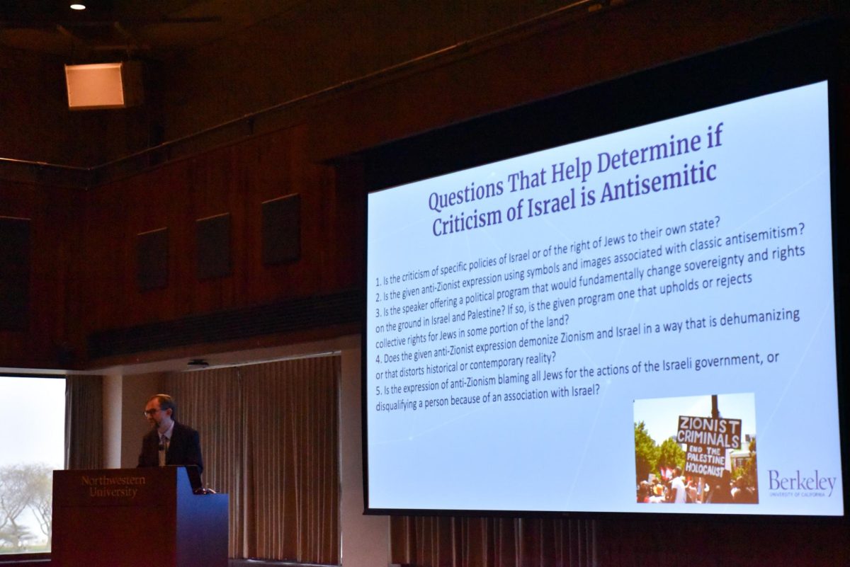 A man stands at a lectern with a projector displaying a presentation slide titled “Questions That Help Determine if Criticism of Israel is Antisemitic.”