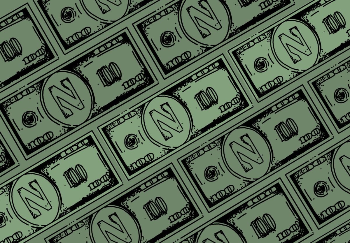 An illustration of rows of $100 bills with a Northwestern “N” in the center of each.
