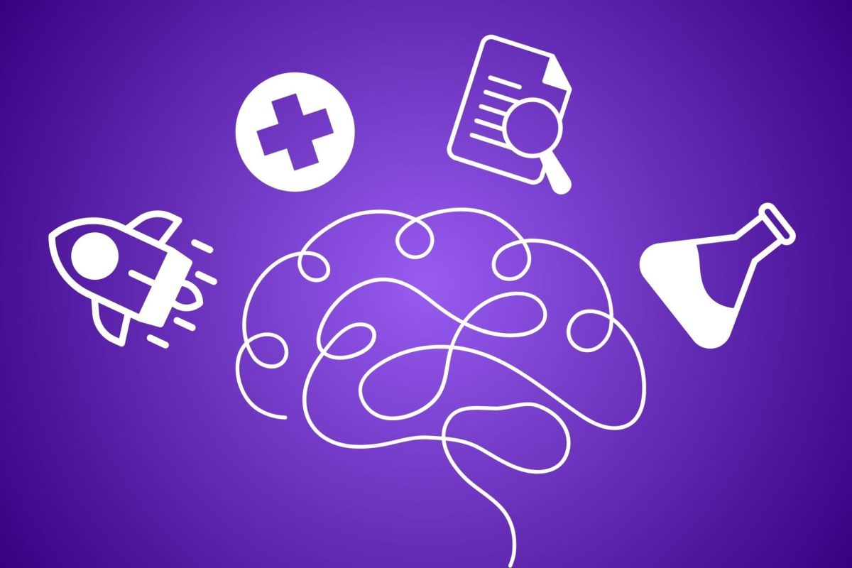 Illustration of a white rocket, plus sign, document and magnifying glass, and chemistry glassware above a brain against a purple background.