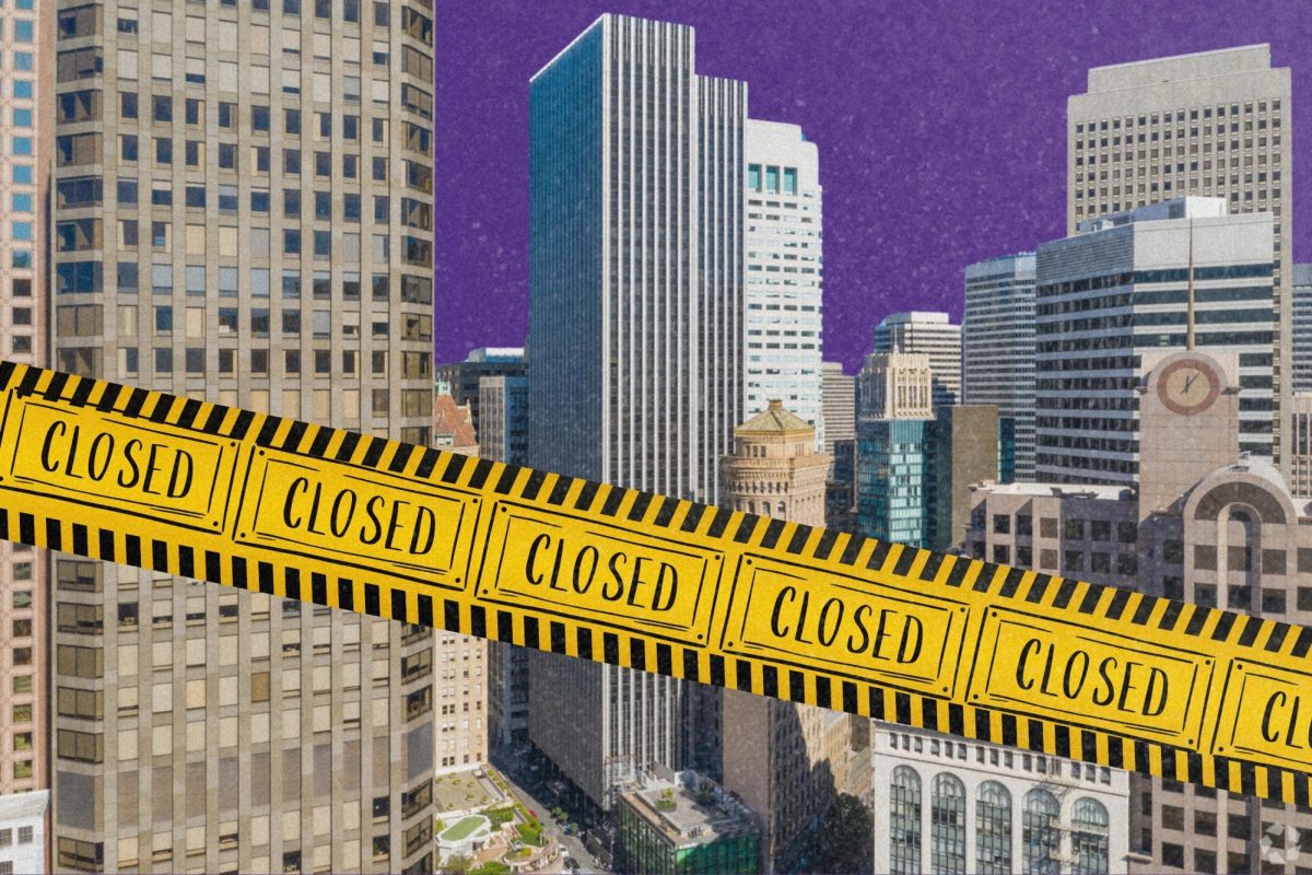 In front of a purple sky, an illustration of the skyscraper Northwestern’s San Francisco campus resides in is covered in yellow tape.