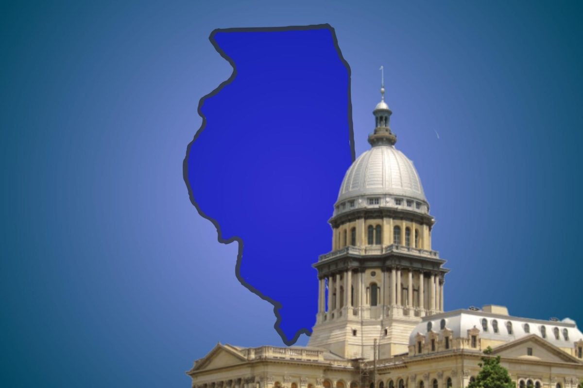 The Illinois Statehouse in front of an outline of Illinois.