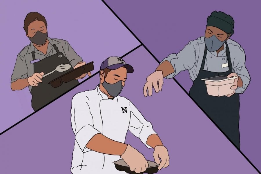 An illustration of three dining workers preparing food.