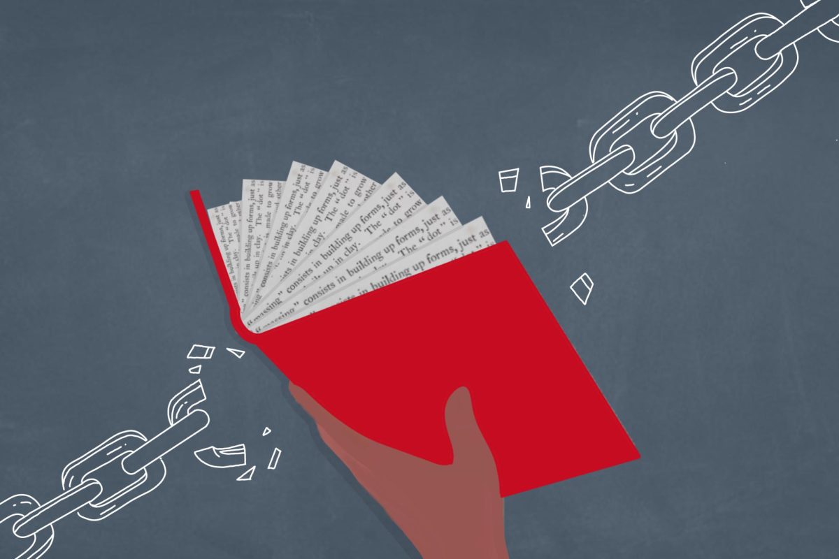 An illustration of someone holding a book with a broken chain on either side.