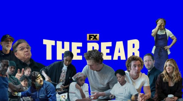 Characters from ‘The Bear’ stand in front of a blue background displaying the show’s logo.